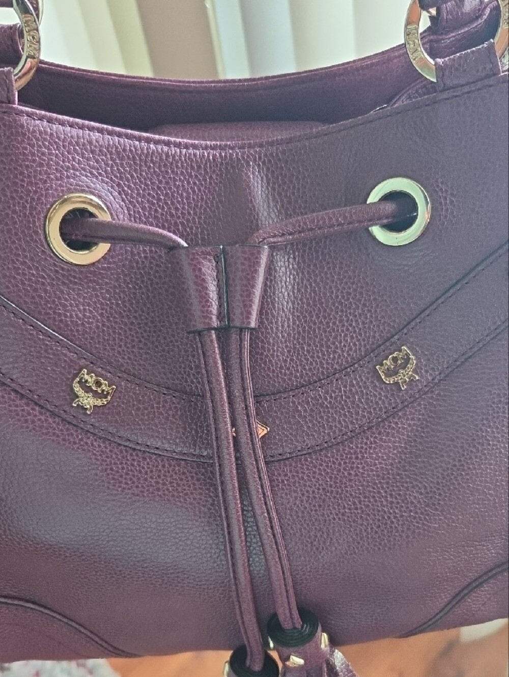 MCM Plum Drawstring Tote with Gold-Tone Hardware - Picture 2 of 15